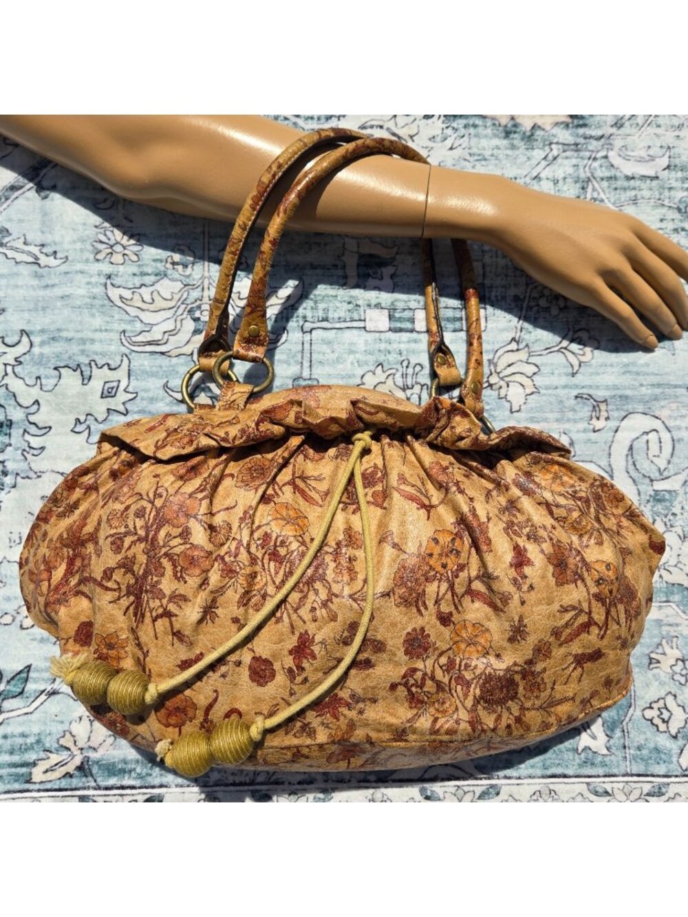 Y2K Rampage Floral Frame Bag Beaded Tassels Fairycore Cottagecore Tan Handbag